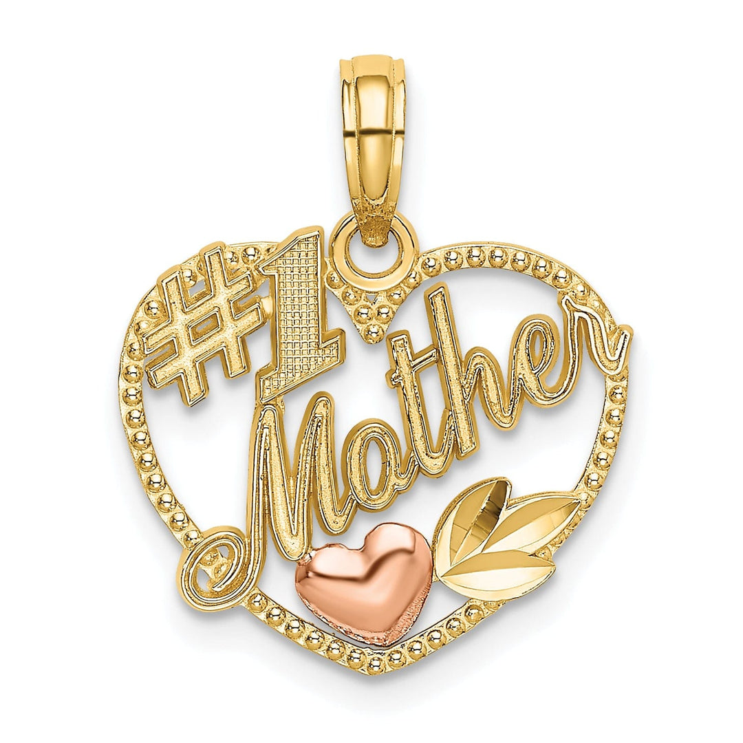 14k Two-Tone Gold Textured Polished Finish #1 MOTHER Double Heart with Leaf Design Charm Pendant