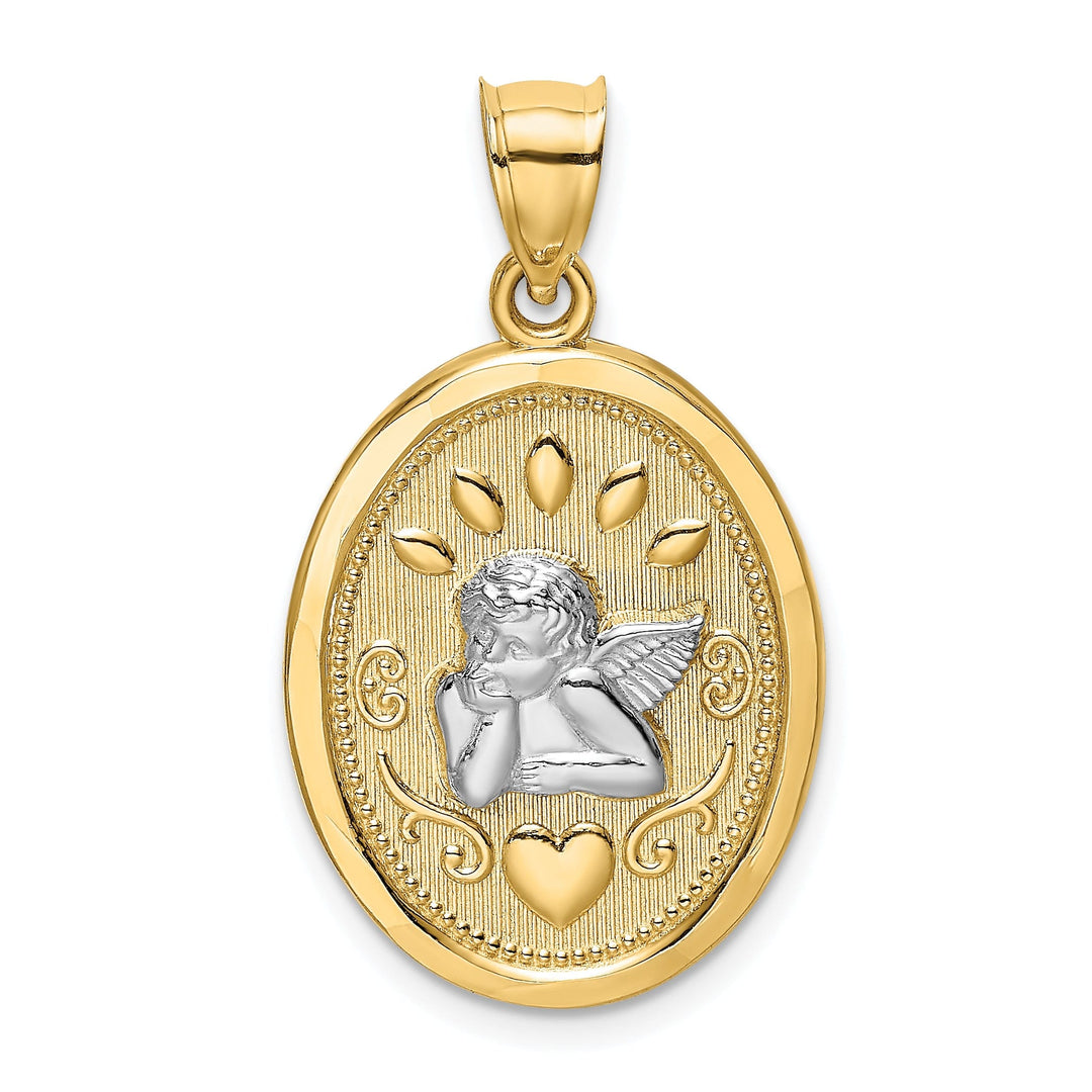 14K Yellow Gold Rhodium Oval Shape Angel Cherub with Heart Pendant