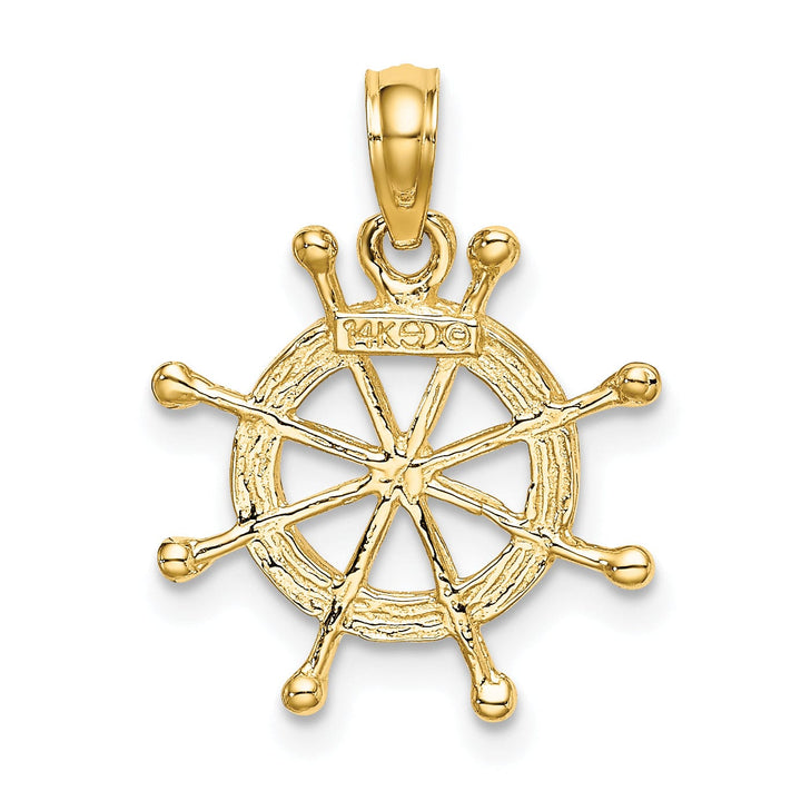 14K Yellow Gold White Rhodium Polished Finish 2-D Ship Wheel Charm