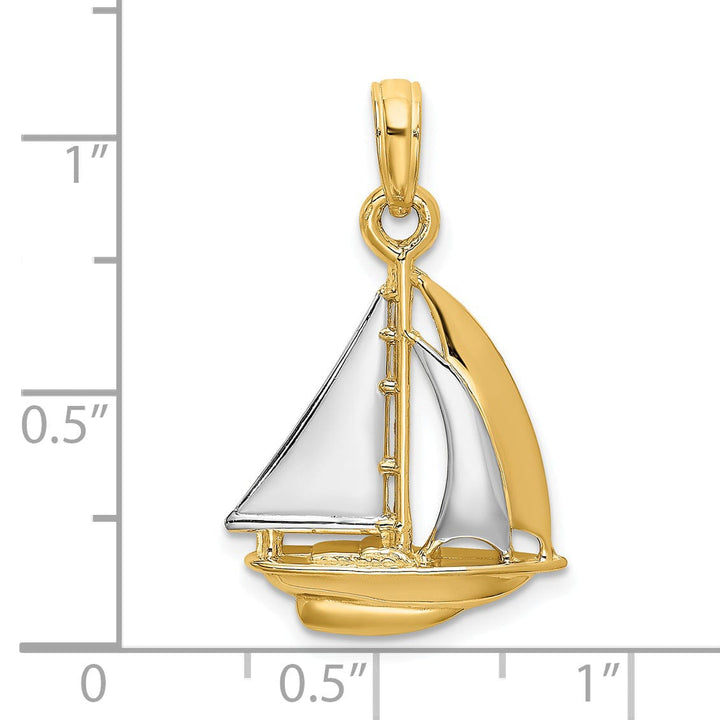 14K Yellow Gold Rhodium 3-Dimensional Polished Finished Sailboat Charm Pendant