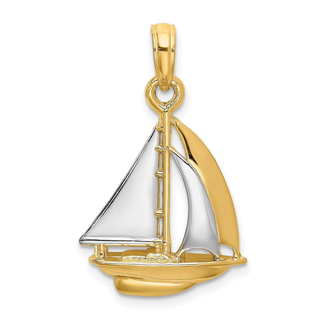 14K Yellow Gold Rhodium 3-Dimensional Polished Finished Sailboat Charm Pendant