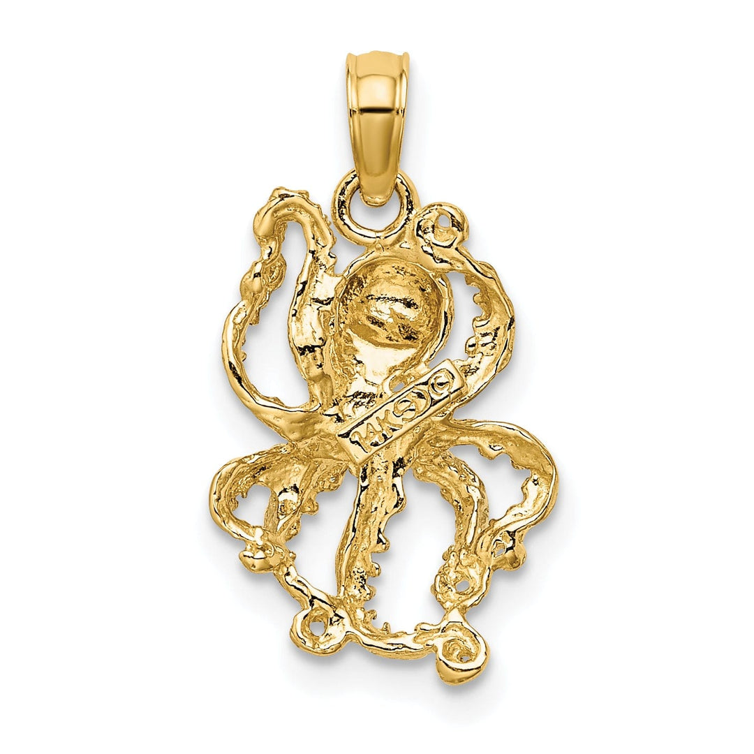 14K Yellow Gold with White Rhodium Casted Solid Textured Polished Finish Octopus Charm Pendant