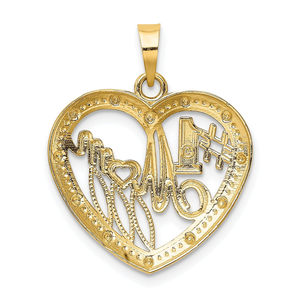 14k Yellow Gold, White Rhodium Textured Polished Finish #1 MOM In Heart Design Charm Pendant