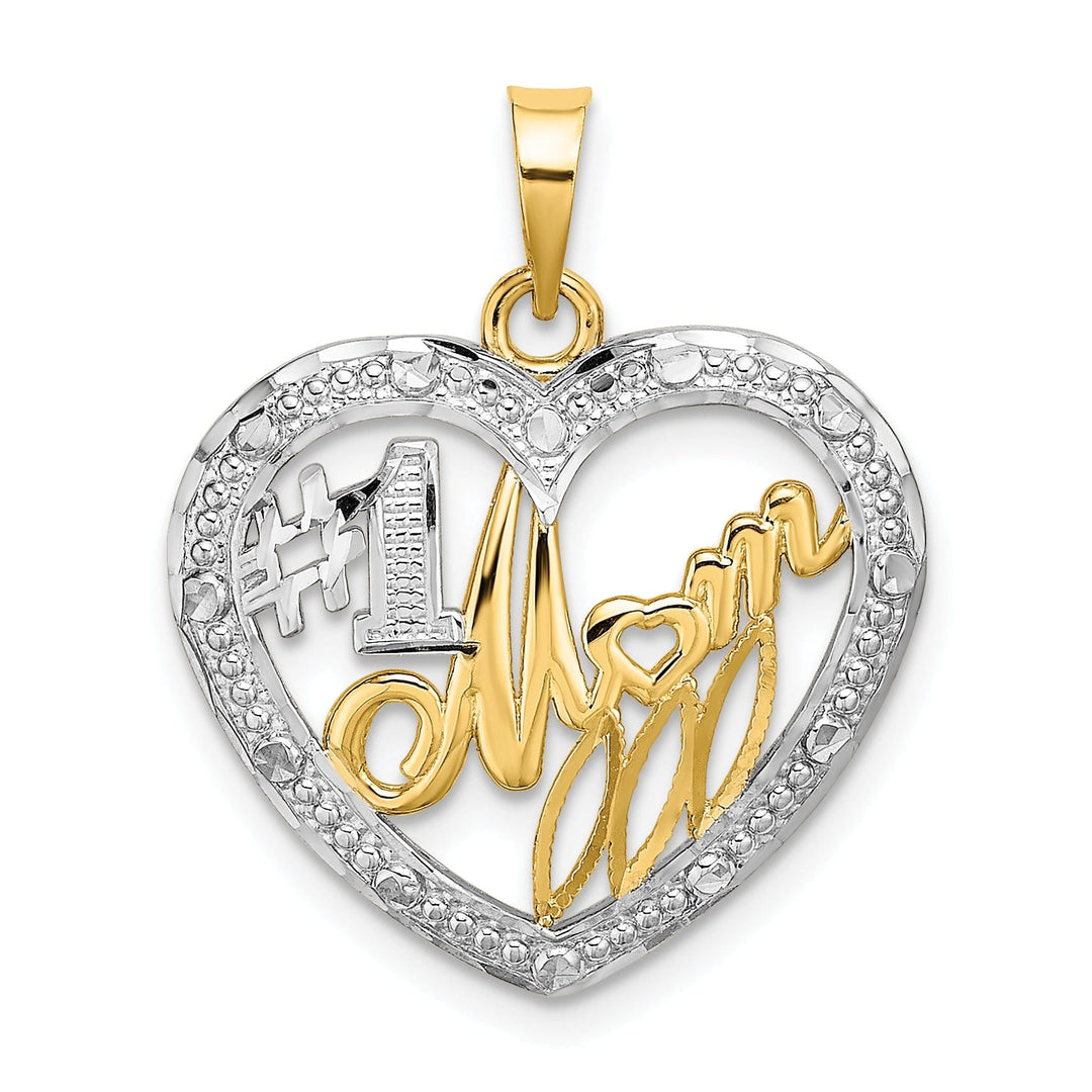 14k Yellow Gold, White Rhodium Textured Polished Finish #1 MOM In Heart Design Charm Pendant