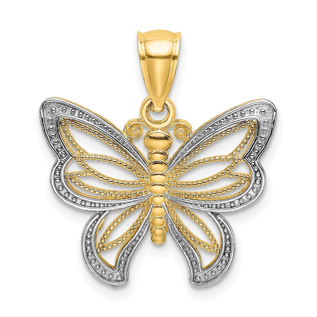 14k Two-tone Gold Open Back Solid Polished Finish Butterfly Beaded Wings Charm