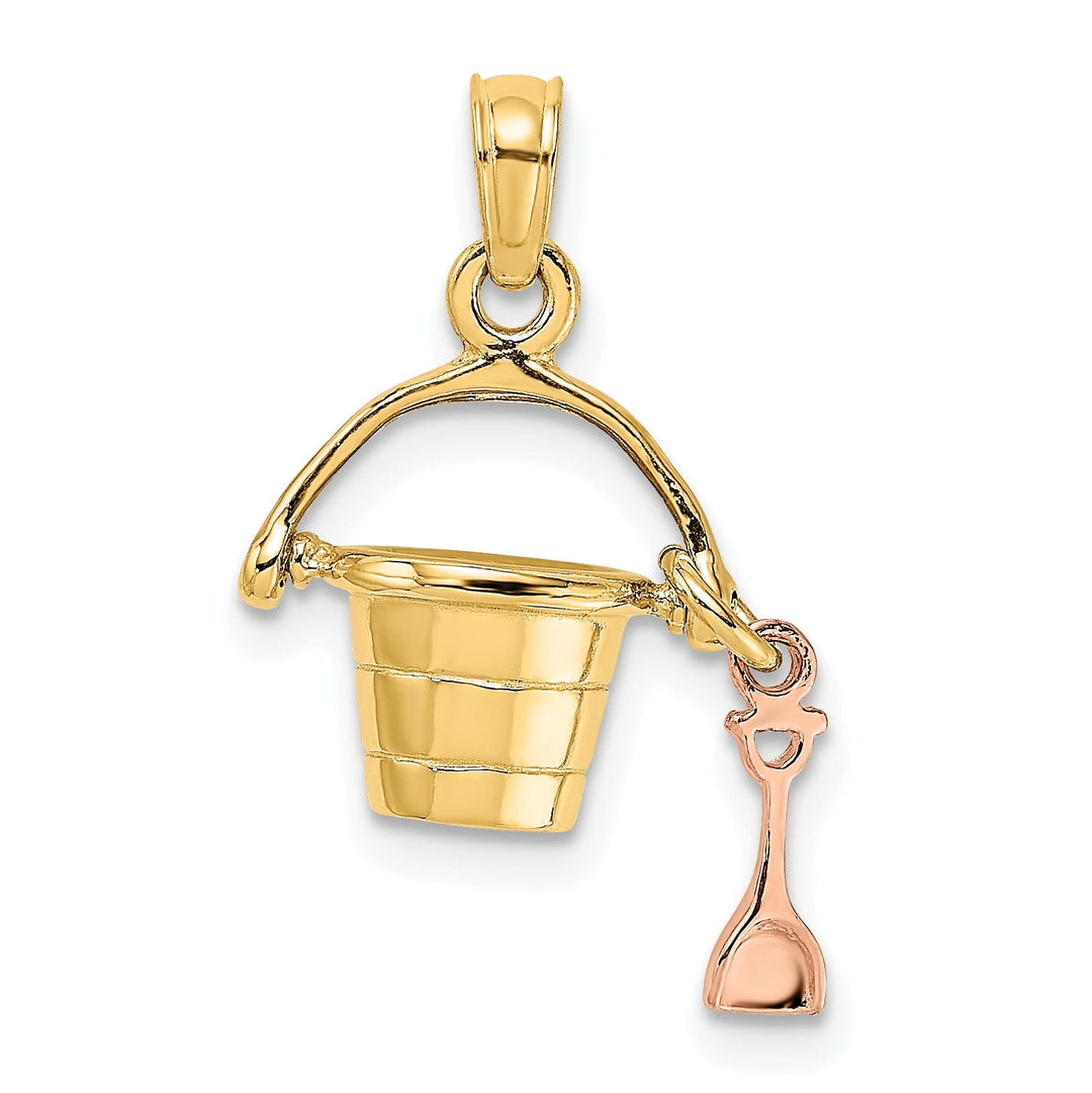14k Yellow, Rose Gold Polished Finish 3-Dimensional Moveable Beach Pail with Shovel Charm Pendant