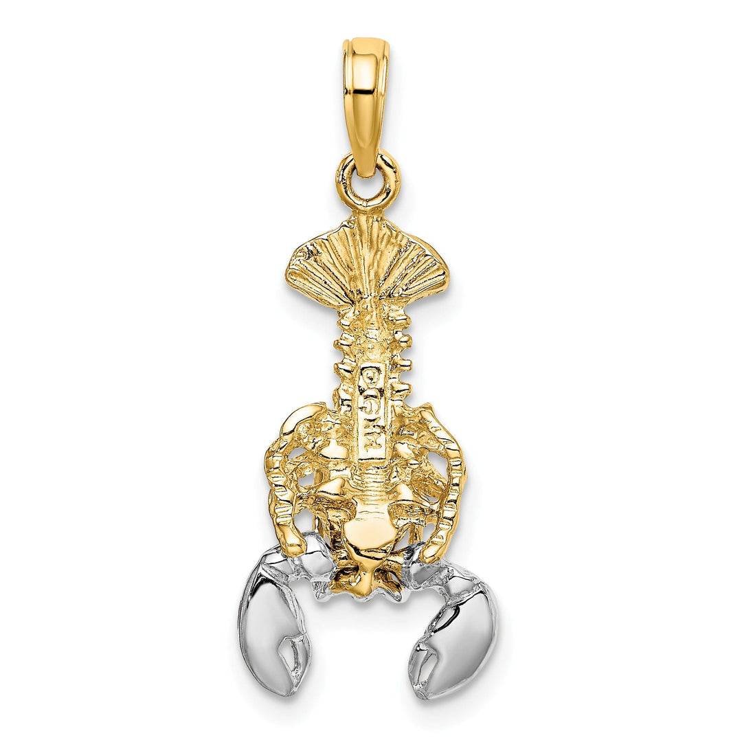 14K Yellow Gold White Rhodium Polished Textured Finish Moveable Lobster Charm Pendant