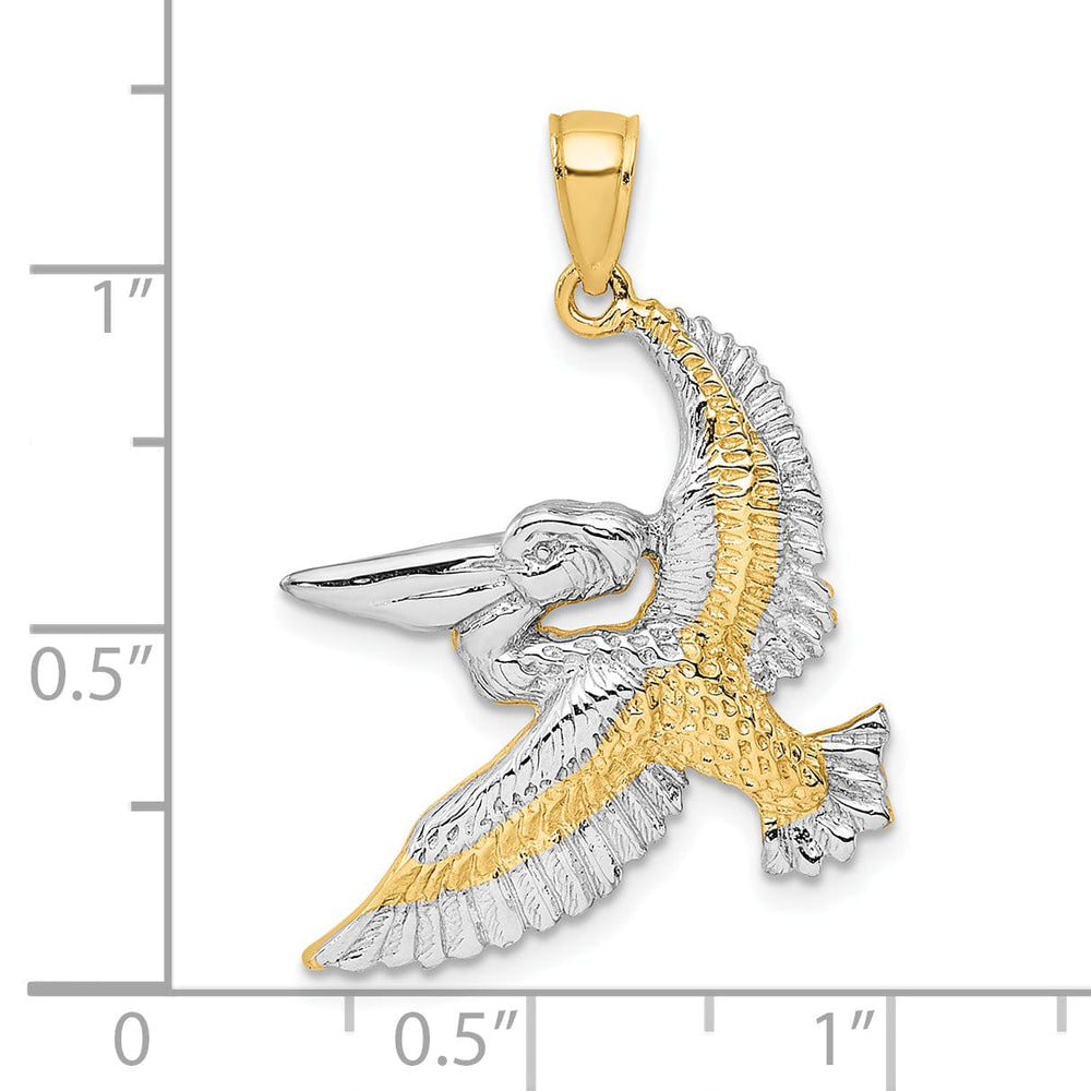 14K Yellow Gold White Rhodium Polished Texture Finish Pelican in Flight Charm Pendant