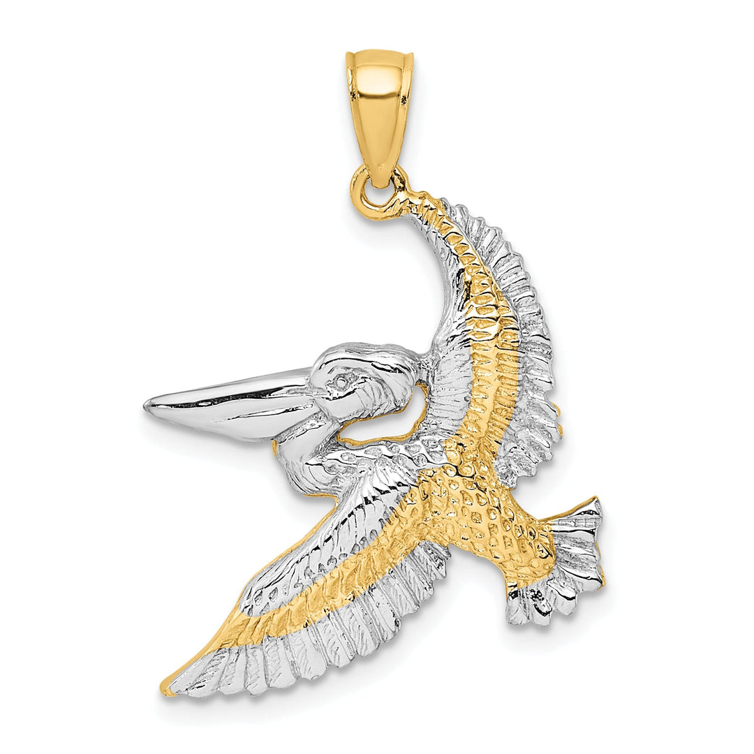 14K Yellow Gold White Rhodium Polished Texture Finish Pelican in Flight Charm Pendant