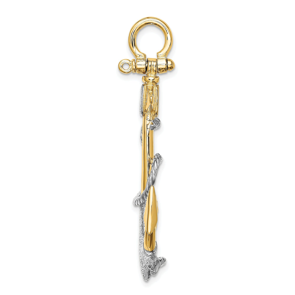 14K Two Tone Gold 3-Dimensional Textured Polished Finish Anchor with white Rope design and Shackle Bail Charm Pendant