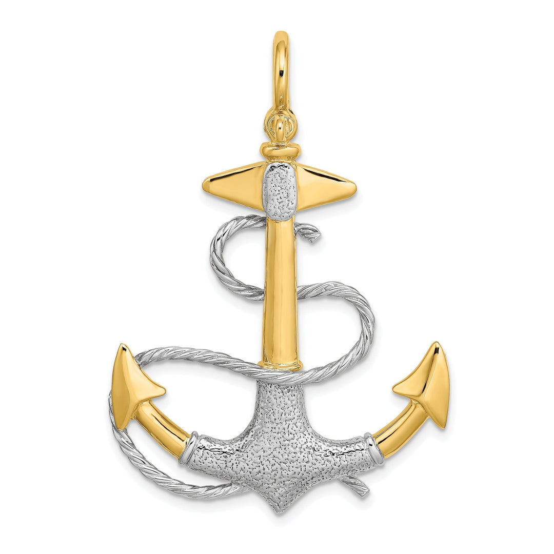14K Two Tone Gold 3-Dimensional Textured Polished Finish Anchor with white Rope design and Shackle Bail Charm Pendant
