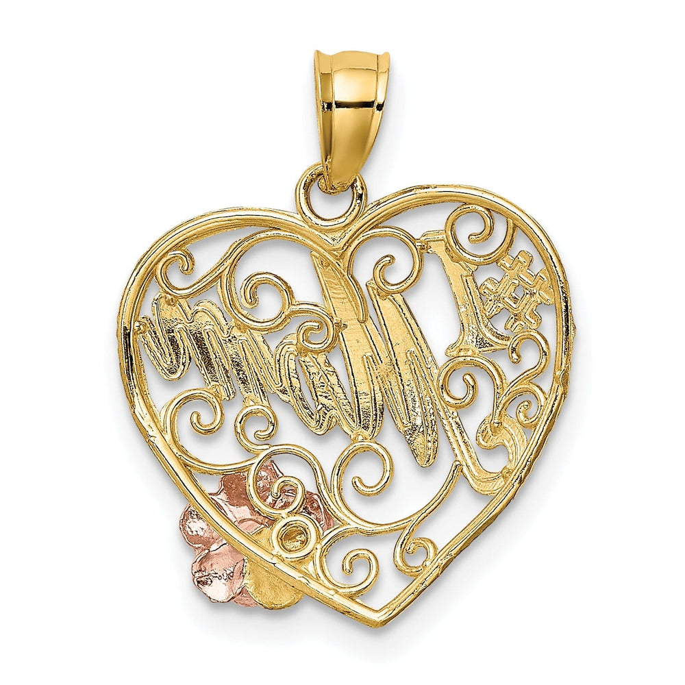 14k Two Tone Gold, White Rhodium Textured Polished Finish #1 Mom with Flower Beaded Design Heart Shape Charm Pendant