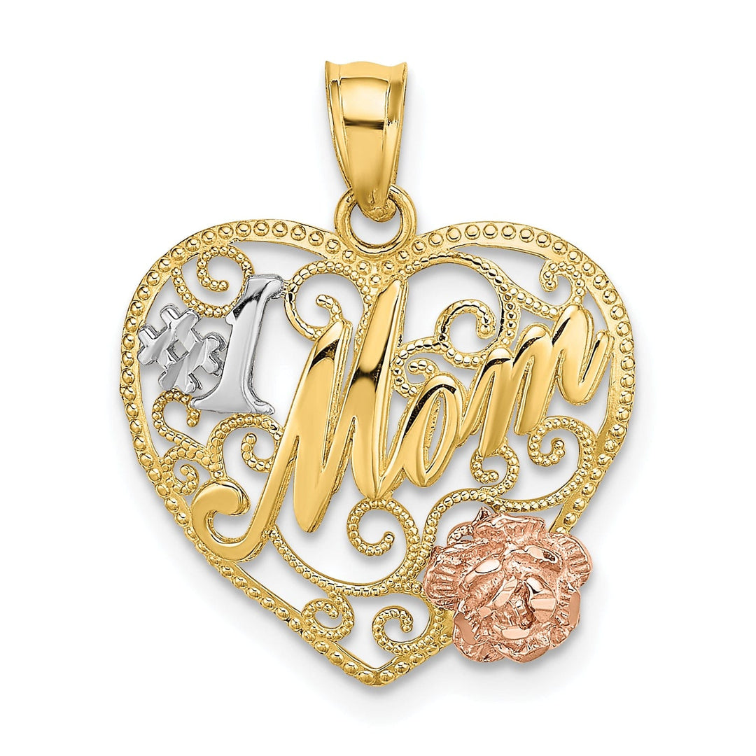 14k Two Tone Gold, White Rhodium Textured Polished Finish #1 Mom with Flower Beaded Design Heart Shape Charm Pendant