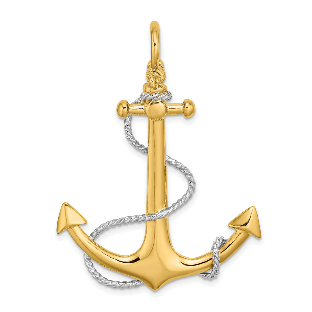 14K Two Tone Gold 3-Dimensional Textured Polished Finish Anchor with white Rope design and Shackle Bail Large Charm Pendant