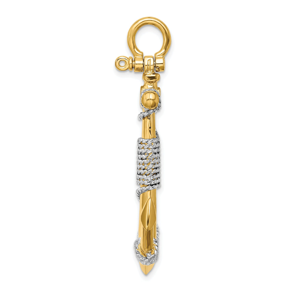 14K Two Tone Gold 3-Dimensional Polished Finish Wrapped Rope Design Large Anchor Charm Pendant