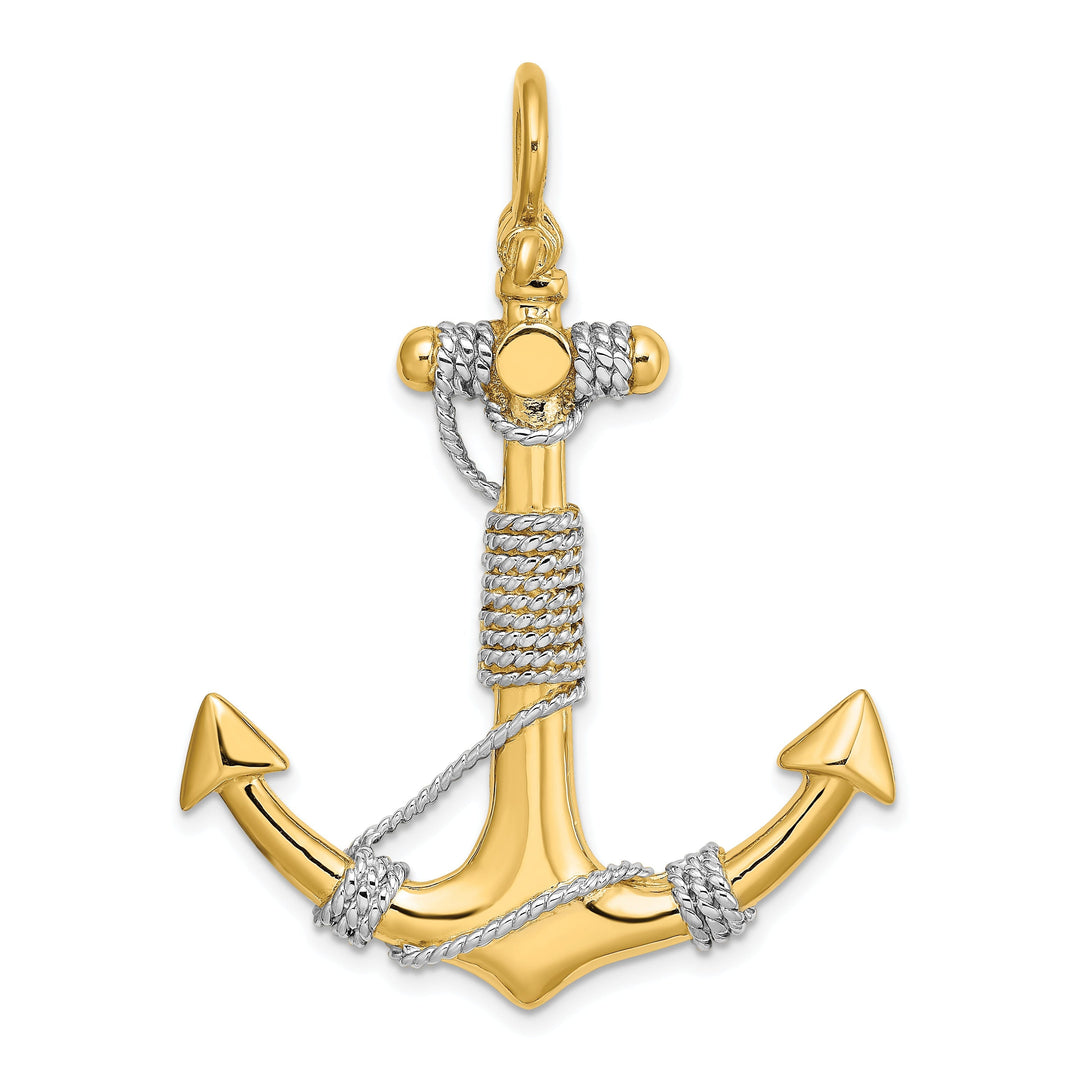 14K Two Tone Gold 3-Dimensional Polished Finish Wrapped Rope Design Large Anchor Charm Pendant