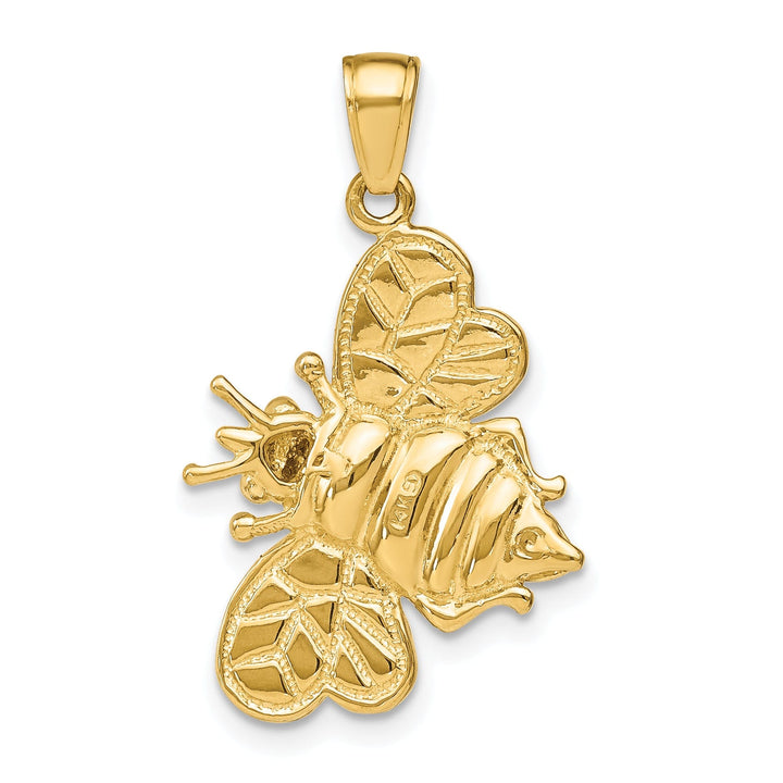 14k Yellow Gold White Rhodium Open Back Textured Polished Finish 3-Dimensional Bumblebee Design Charm Pendant