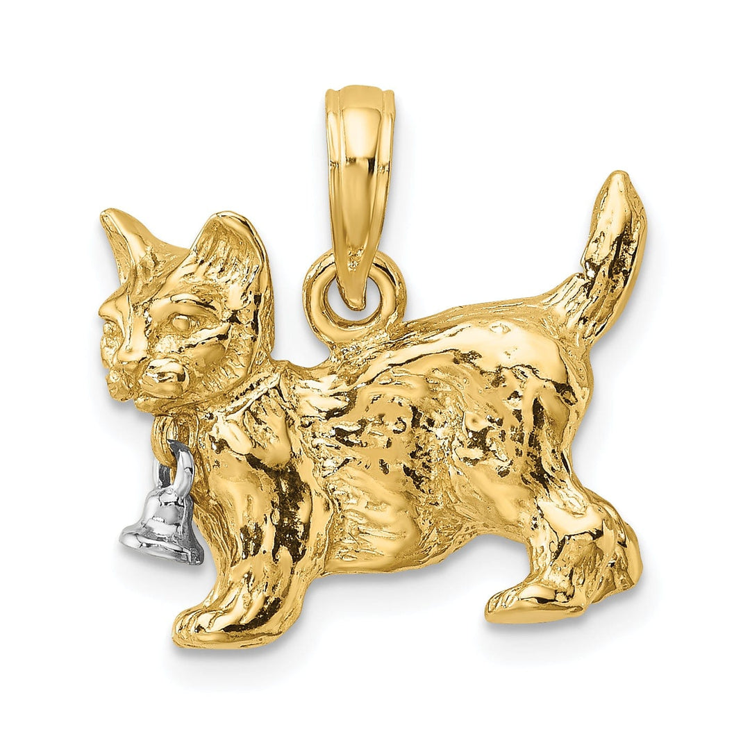 14k Two-Tone Gold 3-Dimensional Textured Polished Finish Moveable Dangling Bell and Cat Design Charm Pendant