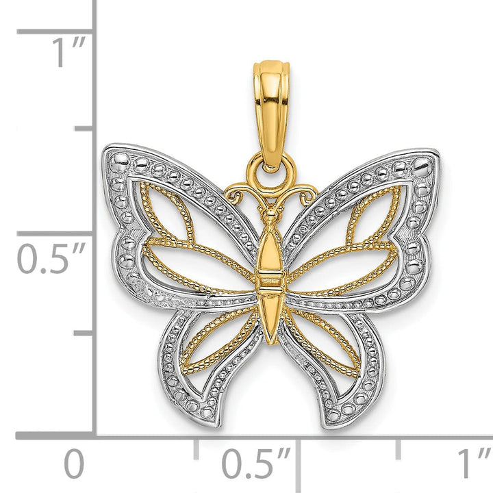 14k Two-tone Gold Solid Open Back Polished Finish Butterfly Beaded Wings Charm Pendant