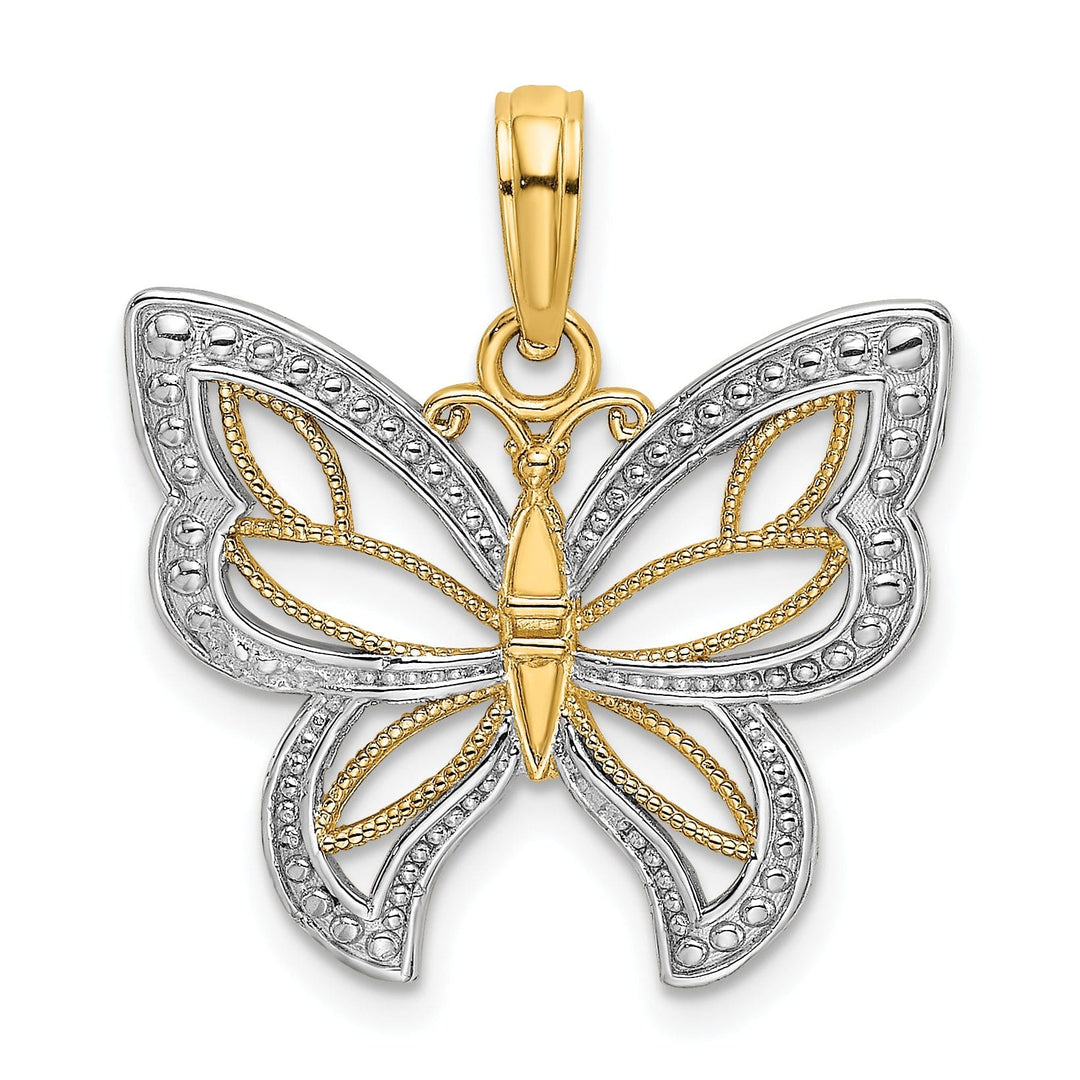 14k Two-tone Gold Solid Open Back Polished Finish Butterfly Beaded Wings Charm Pendant