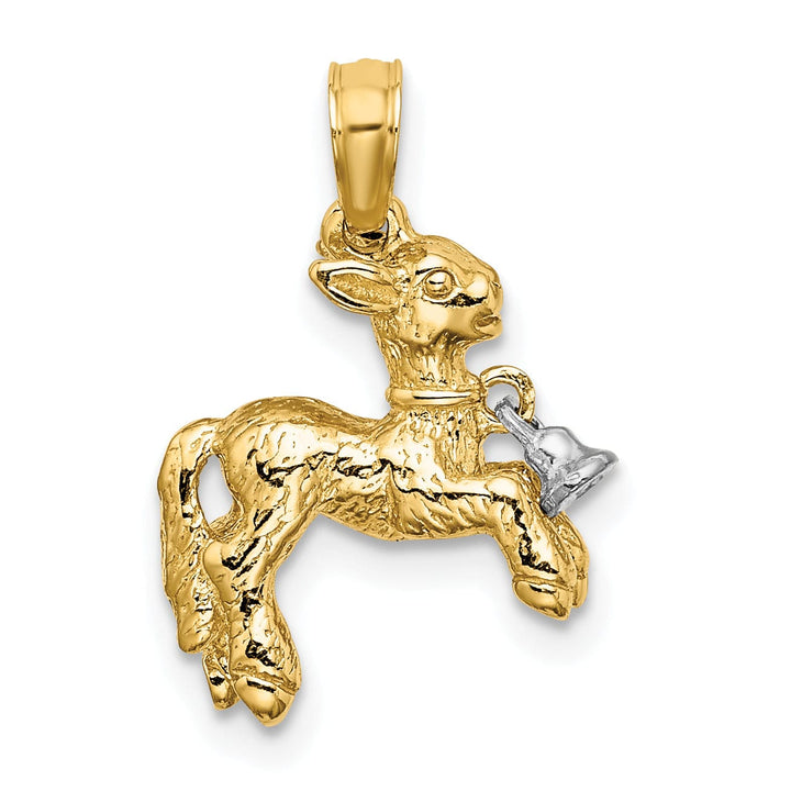 14k Two Tone Gold Textured Polished Finish 3-Diamentional Playful Lamb with Moveable Bell Charm Pendant