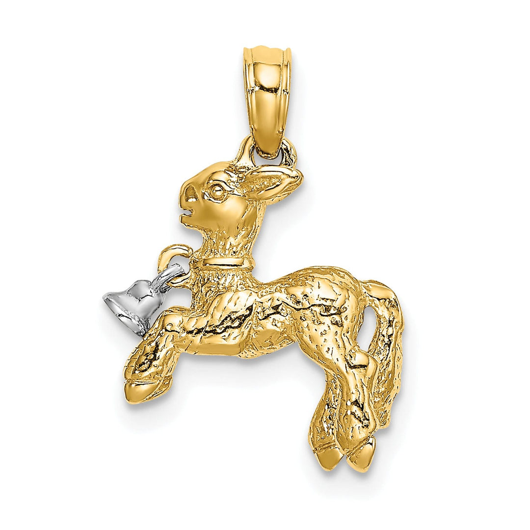 14k Two Tone Gold Textured Polished Finish 3-Diamentional Playful Lamb with Moveable Bell Charm Pendant