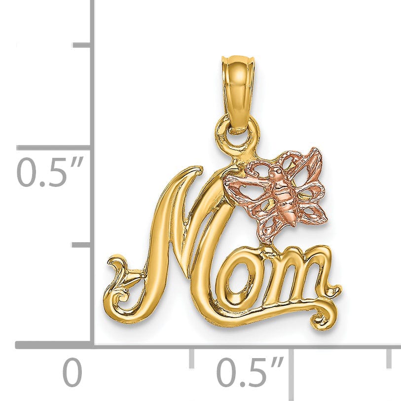 14k Two-Tone Gold Polished Finish Script MOM with Butterfly Design Charm Pendant