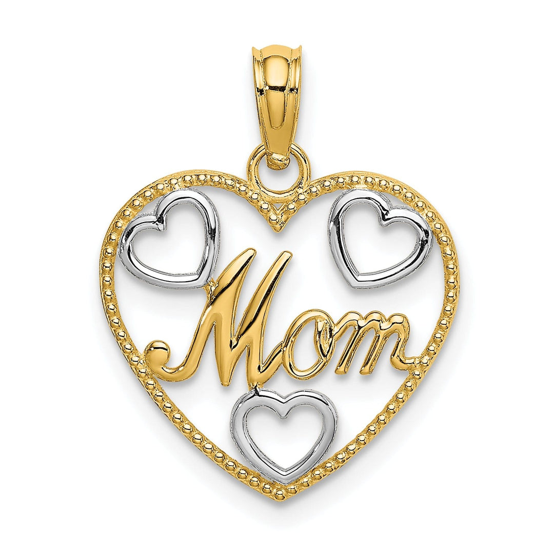 14k Yellow Gold,White Rhodium Beaded Textured Polished Finish MOM Heart in Heart Design Charm Pendant