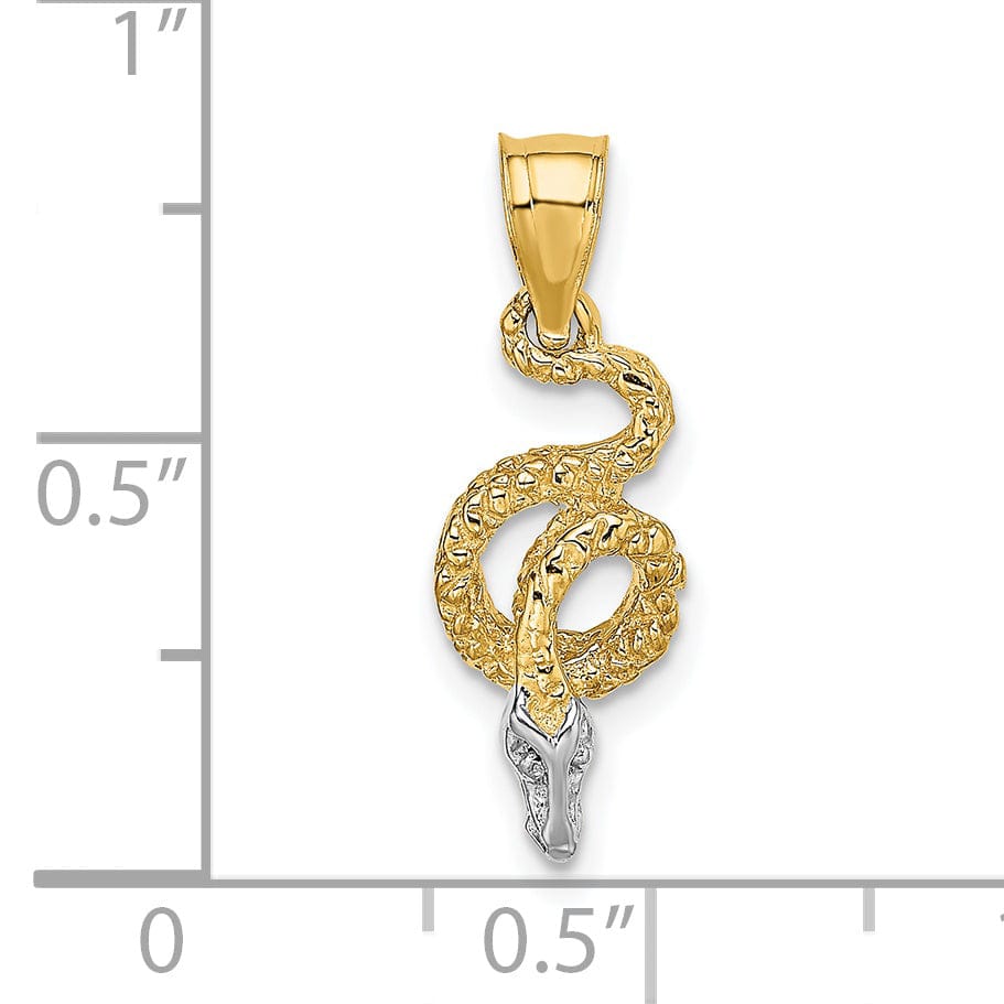 14k Yellow Gold White Rhodium Textured Polished Finish Coiled Snake Design Charm Pendant