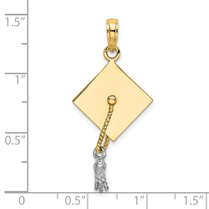 14k Two-tone Gold Polished Finish with White Rhodium 3-Dimensional Graduation Cap Moveable Tassle Charm Pendant