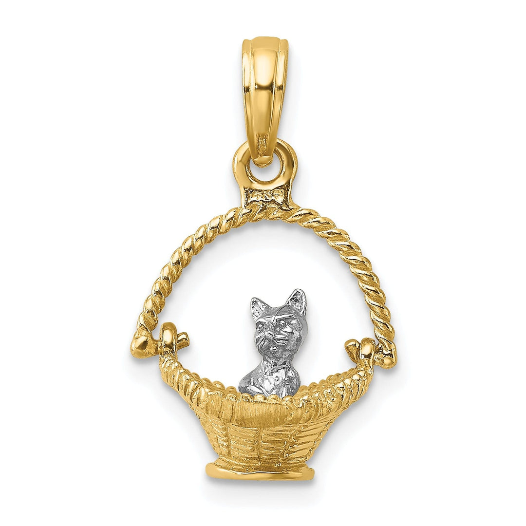 14k Yellow Gold White Rhodium 3-Dimensional Tiny Cat In Basket Charm Pendant