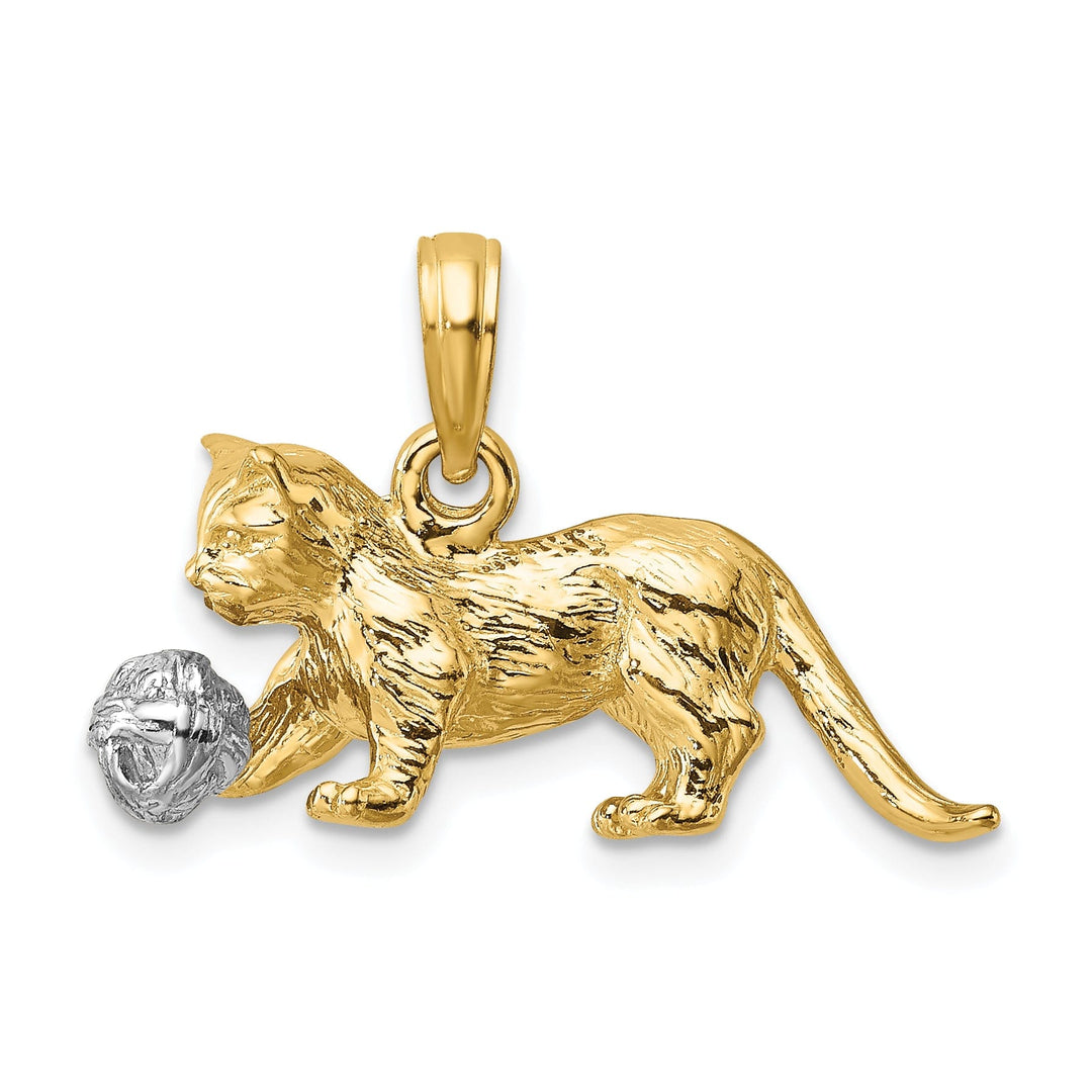 14k Two-Tone Gold 3-Dimensional Textured Polished Finish Moveable Ball Cat Design Charm Pendant