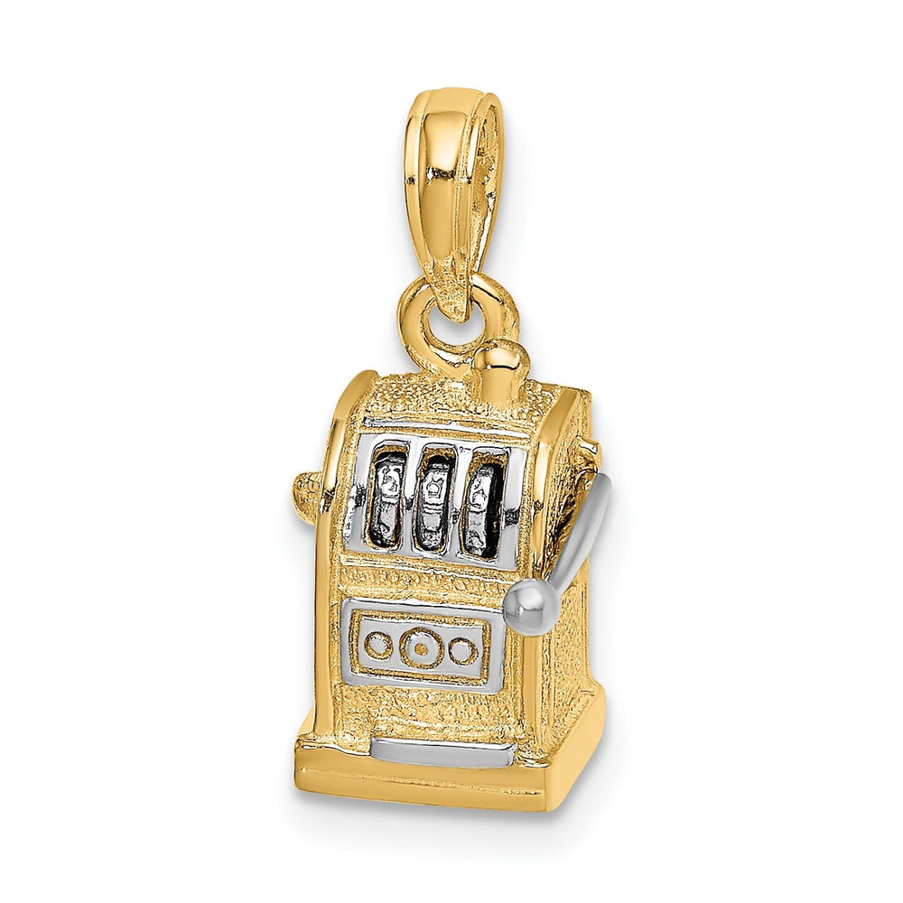 14k Yellow Gold White Rhodium Textured Polished Finish 3-Diamentional Moveable Handle Slot Machine Charm Pendant