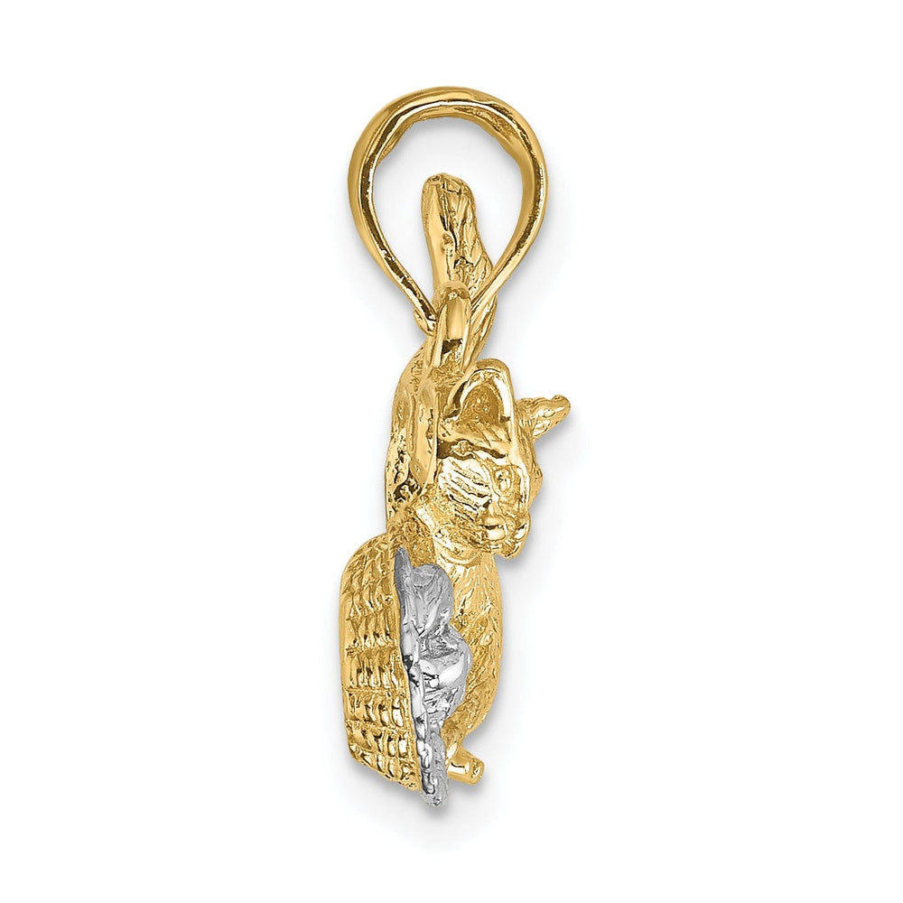 14k Yellow Gold White Rhodium Textured Solid Polished Finish Cat Playing with Yarn in Basket Design Charm Pendant