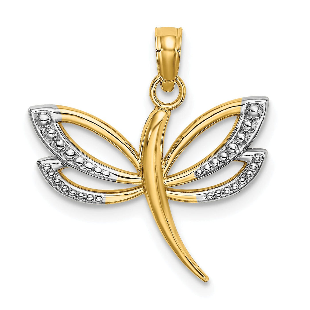 14k Yellow Gold White Rhodium Open Back Textured Polished Finish Dragonfly Design Charm Pendant