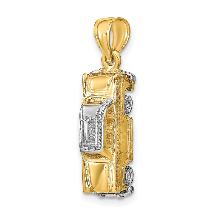14k Yellow Gold,White Rhodium 3-Dimensional Taxi with Moveable Tires Taxi Cab Charm Pendant