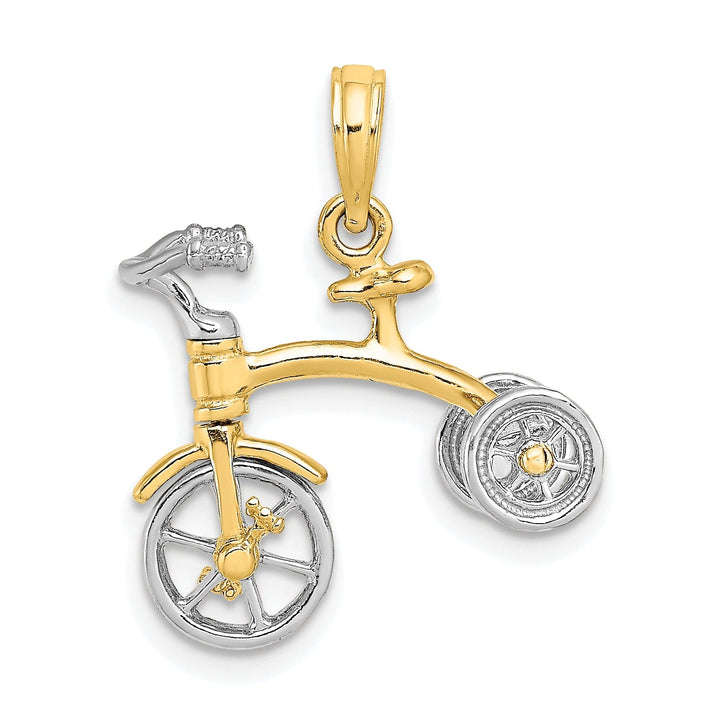 14k Two Tone Gold Polished Finish 3-Dimensional Tricycle with Moveable Handlebars and Wheels Charm Pendant
