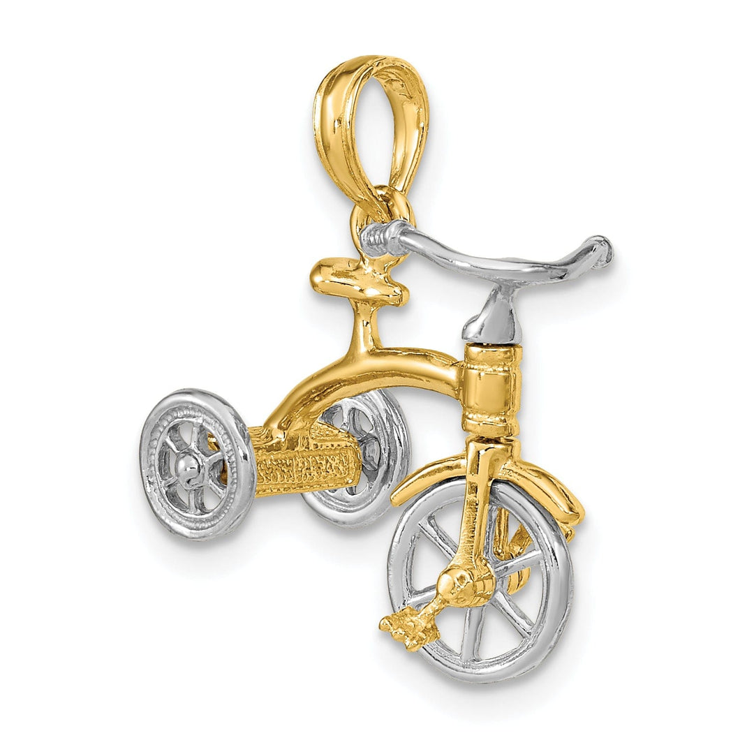 14k Two Tone Gold Polished Finish 3-Dimensional Tricycle with Moveable Handlebars and Wheels Charm Pendant
