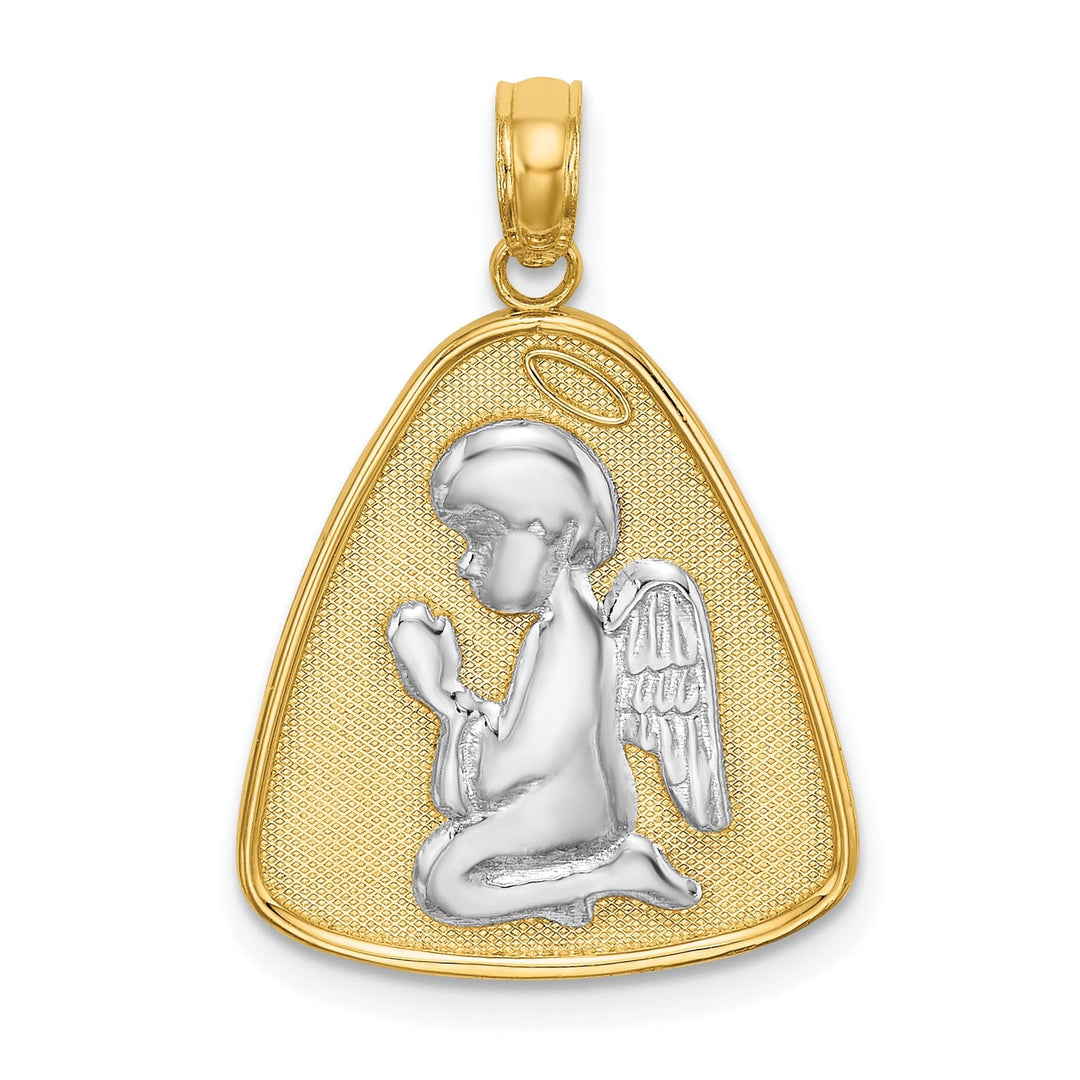 14K Yellow Gold Angel Praying with Halo On Triangle Disc Pendant