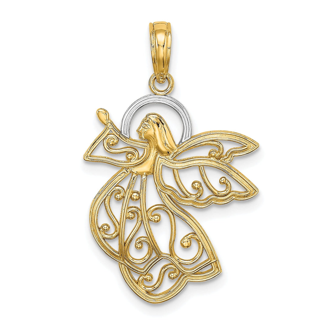 14K Yellow Gold White Rhodium Polished Concave Flying Angel Pendant