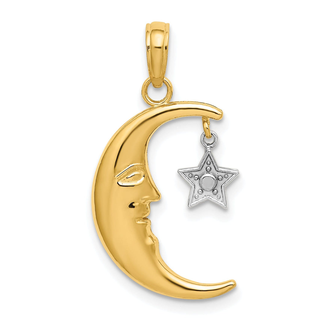 14k Two Tone Gold Textured Polished Finish Half Moon with Dangle Star Design Charm Pendant