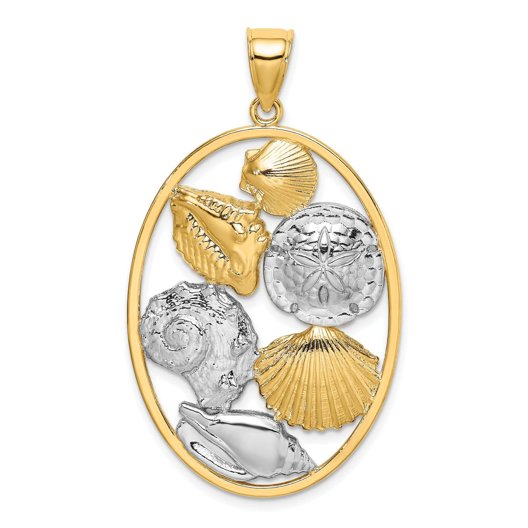 14k Yellow Gold White Rhodium Texture Polished Finish Shell Cluster In Oval Frame Design Charm Pendant
