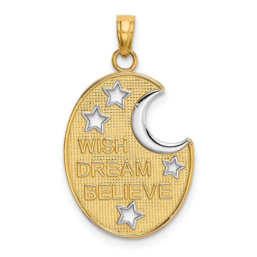 14k Yellow Gold Rhodium Textured Polished Finish WISH DREAM BELIEVE Moon and Stars Design Charm