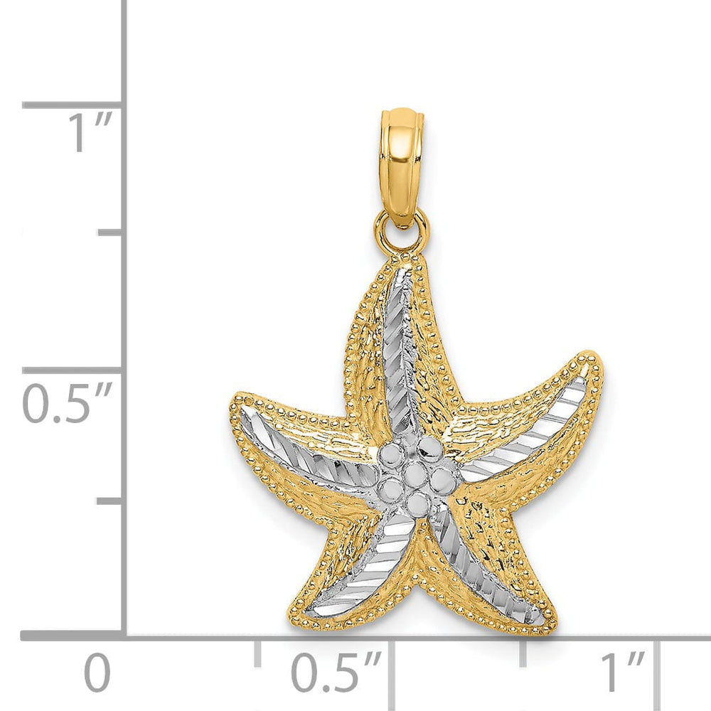 14K Yellow Gold White Rhodium Open Back Diamond Cut Polished Finish Small Starfish Charm Pendant
