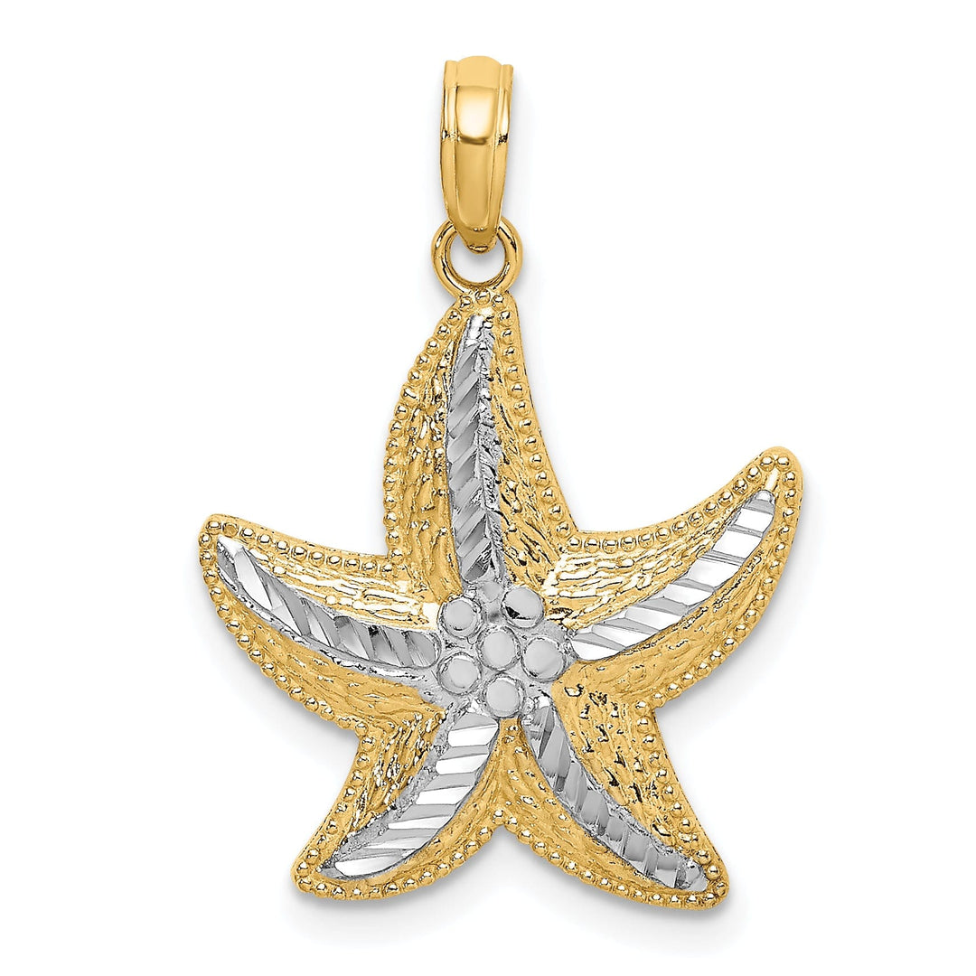 14K Yellow Gold White Rhodium Open Back Diamond Cut Polished Finish Small Starfish Charm Pendant