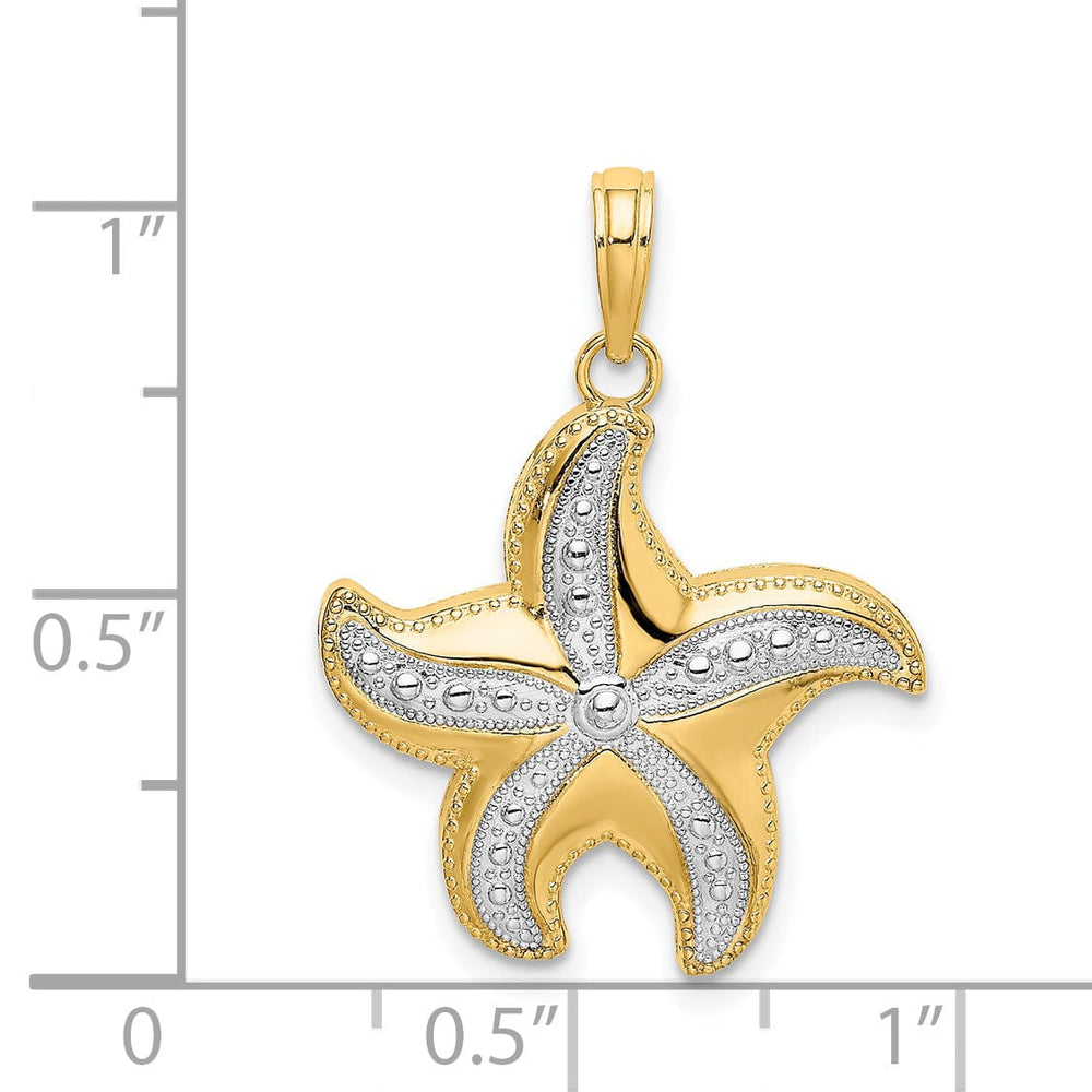 14K Yellow Gold White Rhodium Open Back Diamond Cut Polish Finish Starfish Charm Pendant