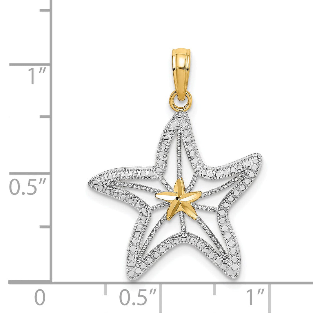 14K Yellow Gold White Rhodium Textured Polished Finish Small Cut Out with Star Design Starfish Charm Pendant