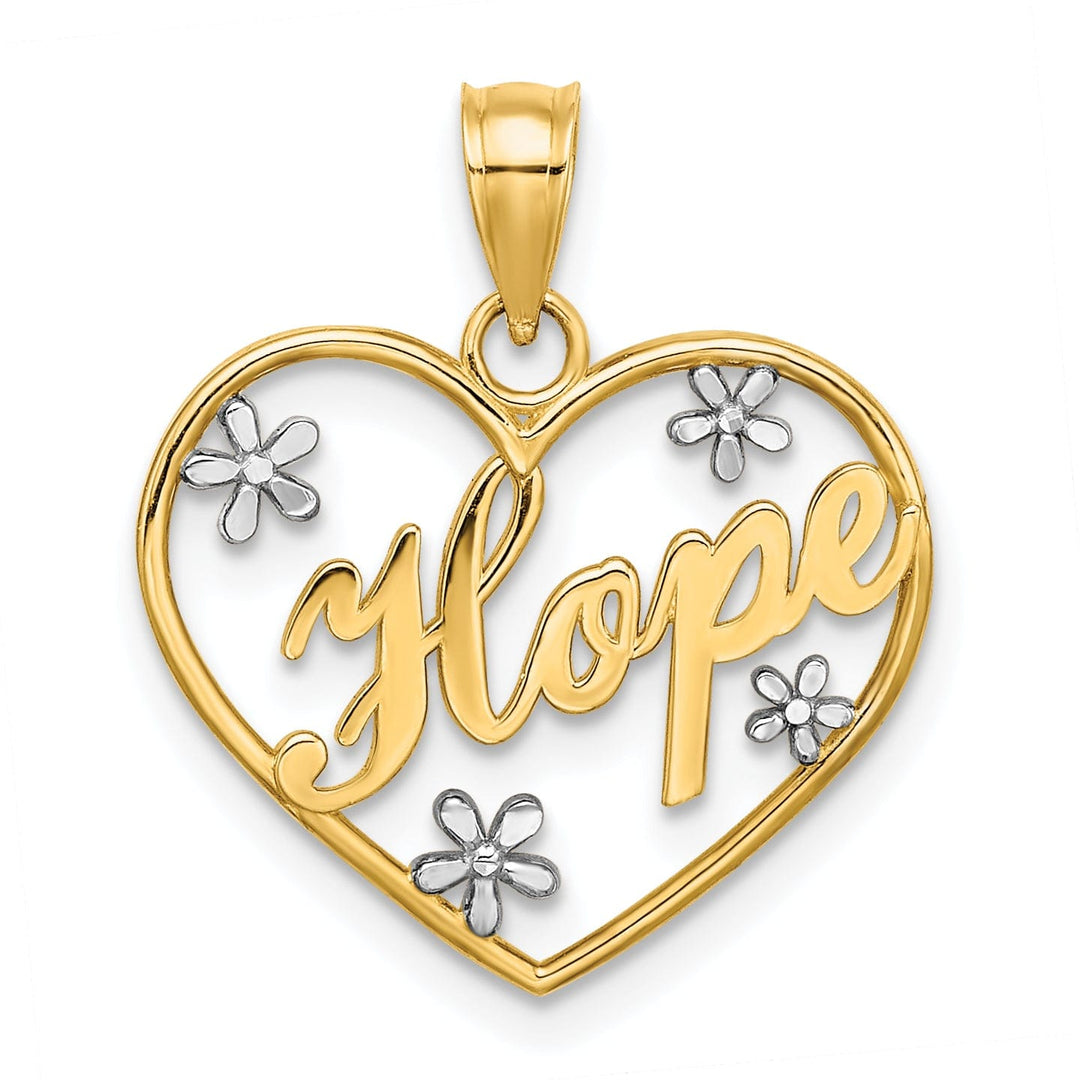 14k Yellow Gold White Rhodium Open Back Polished Finish Hope In Heart Shape with Flowers Charm Pendant