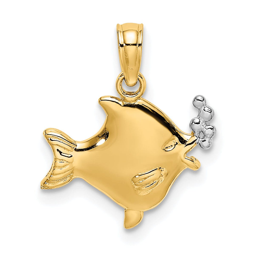 14k Yellow Gold White Rhodium Polished Finish 2-Dimensional Fish Blowing Bubbles Design Charm Pendant