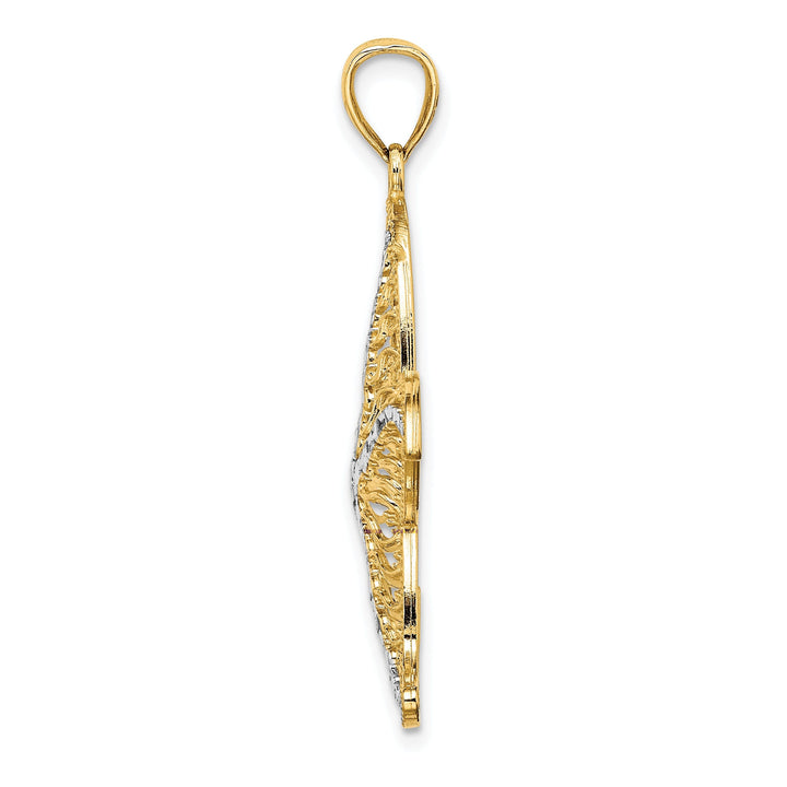 14K Yellow Gold White Rhodium Texture Polished Finish Starfish Filigree Design Charm Pendant